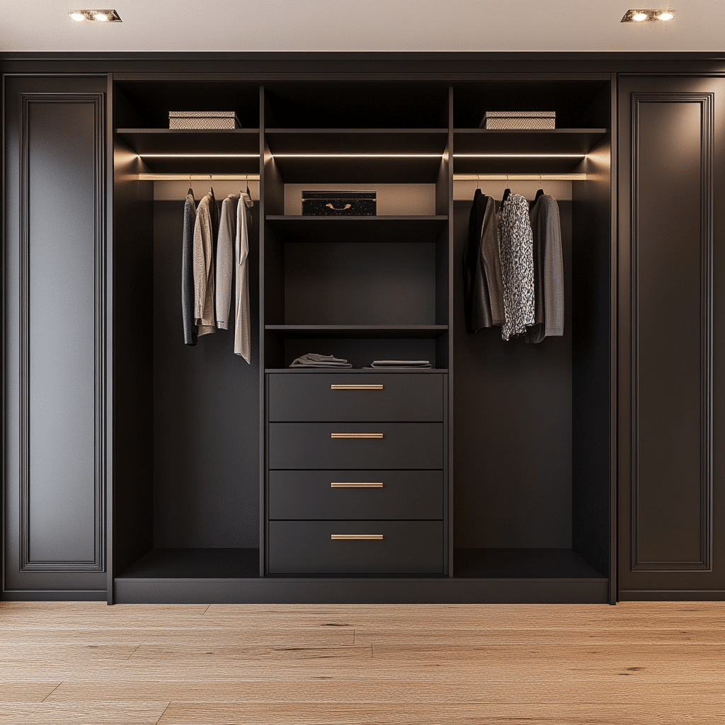 Luxury reach-in closet with sleek black cabinets and brass handles, offering sophisticated storage solutions.