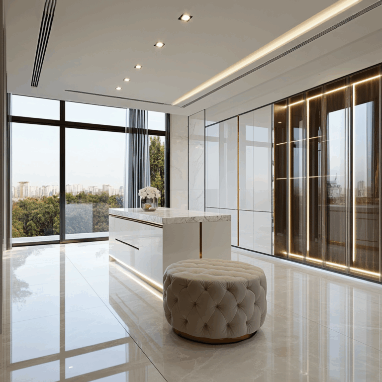 Luxury Modern Walk-In Closet With A Marble Island, Glass Doors, Integrated Led Lighting, And Floor-To-Ceiling Windows.