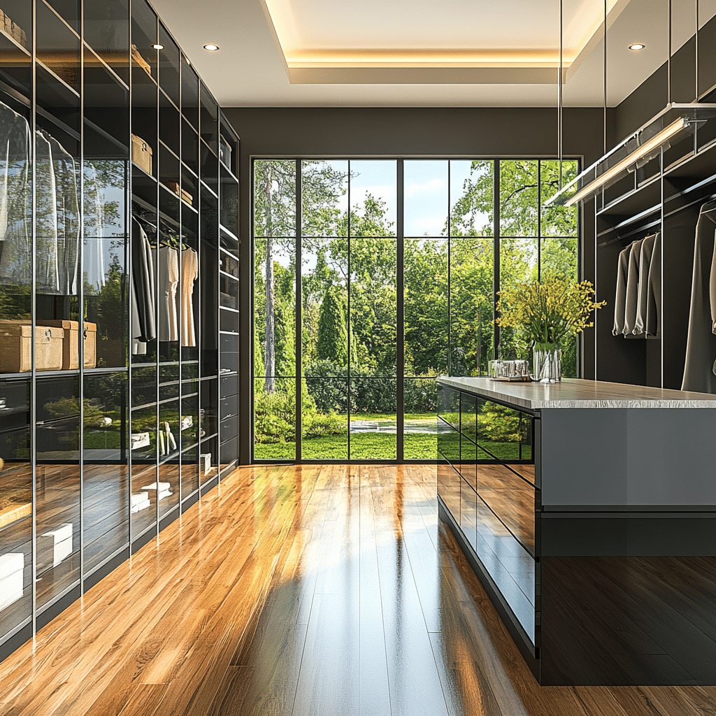 Spacious walk-in closet with custom shelving, drawers, and ample hanging space for organized storage.