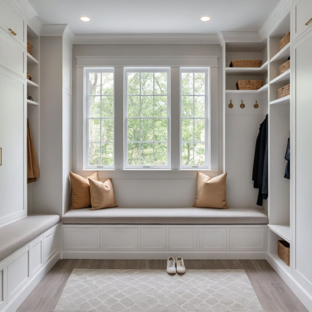 Custom luxury mudroom storage with built-in cabinets, seating, and elegant design for organized entryways.