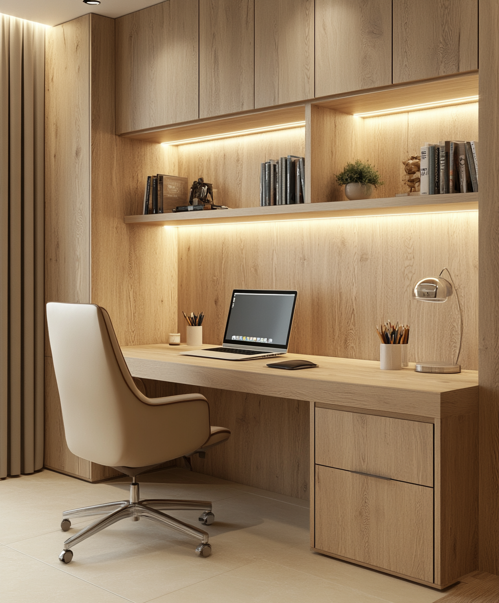 Small space storage design in Jensen Beach with integrated soft lighting, offering efficient and stylish storage solutions for compact spaces.