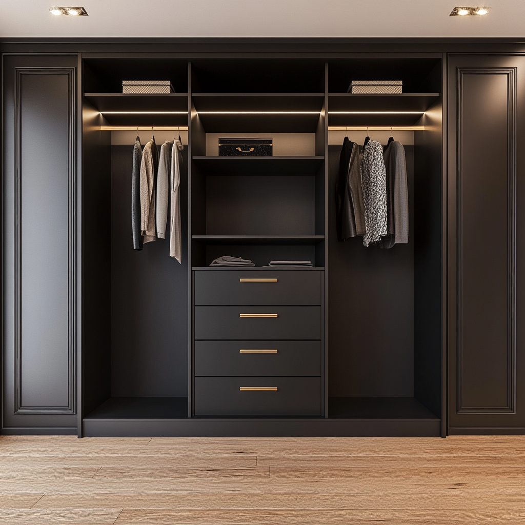 Custom Wooden Reach In Closet In Matte Dark Finish With Integrated Lighting System.