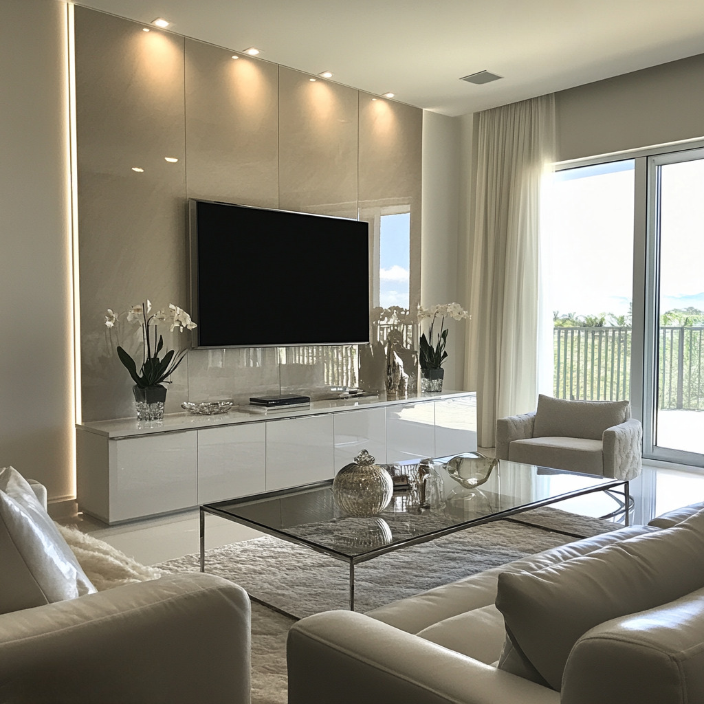 "Custom entertainment center in Martin County with modern shelving and sleek cabinetry by JL Closets.