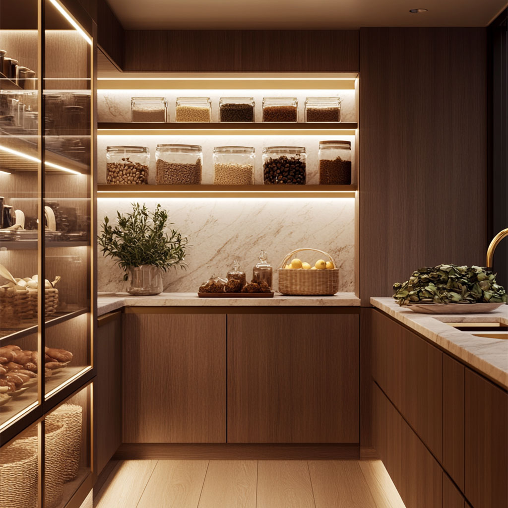 Custom kitchen pantry in Martin County with modern cabinets, open shelving, and warm LED lighting by JL Closets.