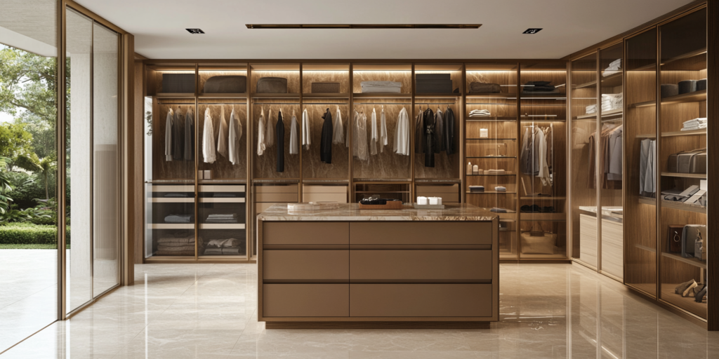 Custom walk-in closet in Martin County by JL Closets featuring sleek glass panels and modern design.