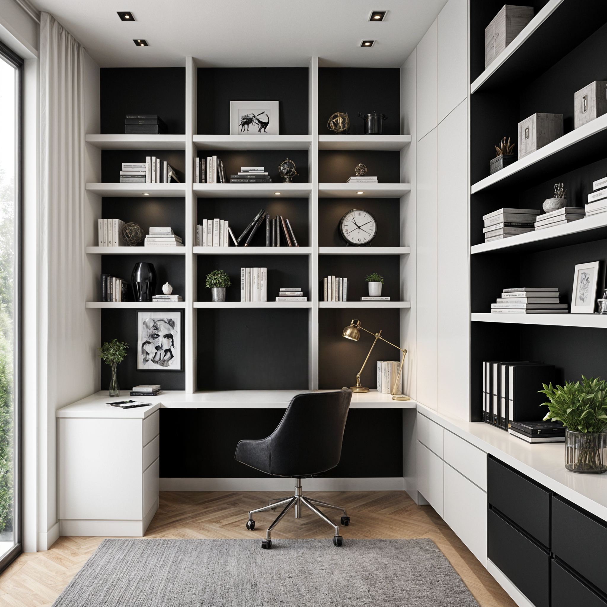 Modern custom home office in Naples near you with built-in white shelving, a sleek desk, and black accent walls, creating a functional and stylish workspace.