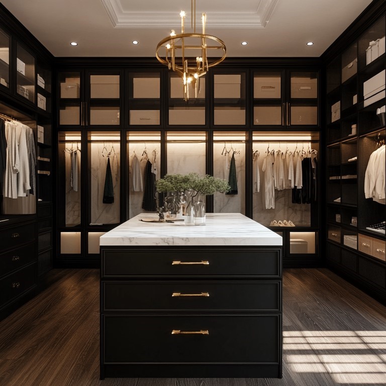 Elegant custom walk-in closet in Boca Raton, Florida, featuring built-in shelves, soft-close drawers, hanging space, and a tufted ottoman under a crystal chandelier for a luxury storage experience in Boca Raton near you.