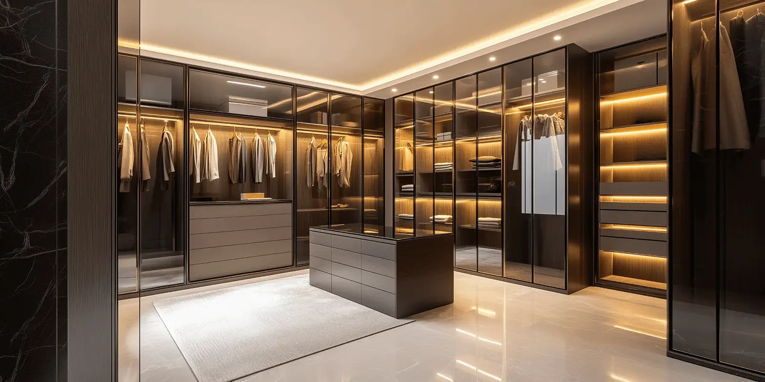 Luxury Walk-In Closet With Sleek Glass-Front Cabinets, Integrated Led Lighting, And A Modern Center Island With Soft Drawers For Organized Storage.
