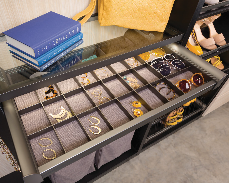 Closet accessories Boca Raton featuring luxury jewelry trays by JL Closets, designed to upgrade custom closet systems Boca Raton with personalized organization.