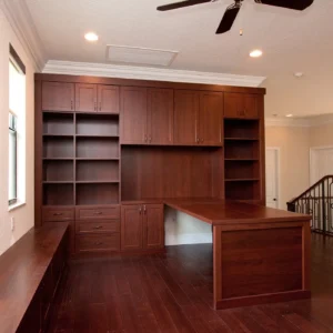 luxury home office with dark wood cabinets