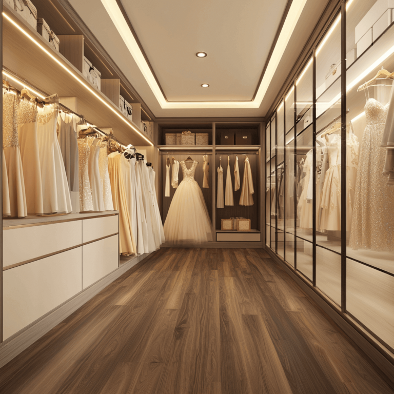 Luxury Walk-In Closet With Glass-Front Cabinets, Bridal Gown Display, And Custom Wood Flooring.