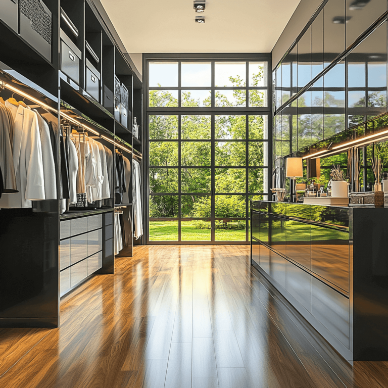 Luxury Modern Walk-In Closet With High Gloss Finishes, Natural Light, Built-In Storage, And Advanced Walk-In Closet Organizers.