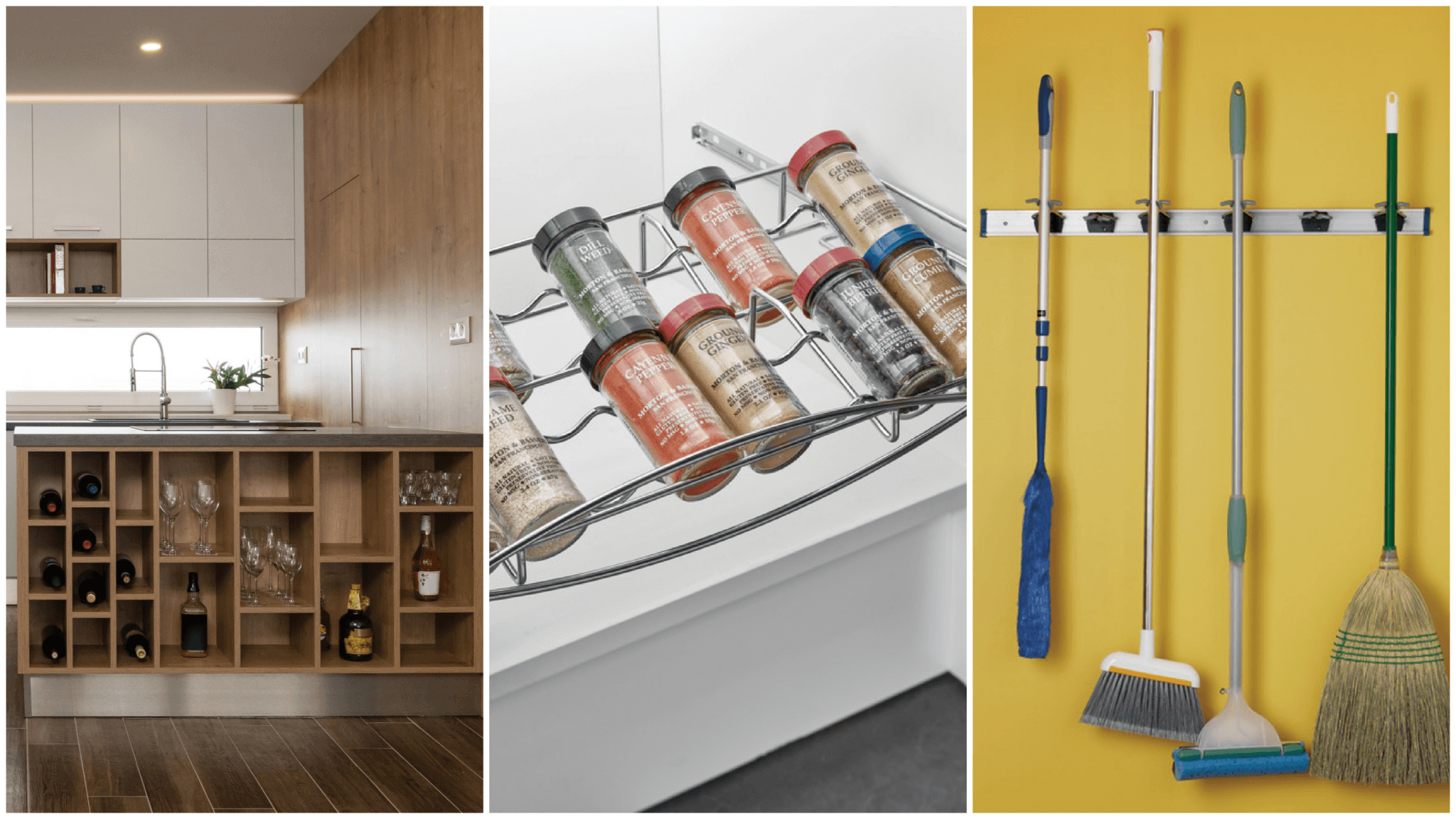 Modern Pantry Accessories Including Wine Storage, Spice Racks, And Cleaning Tool Organizers.