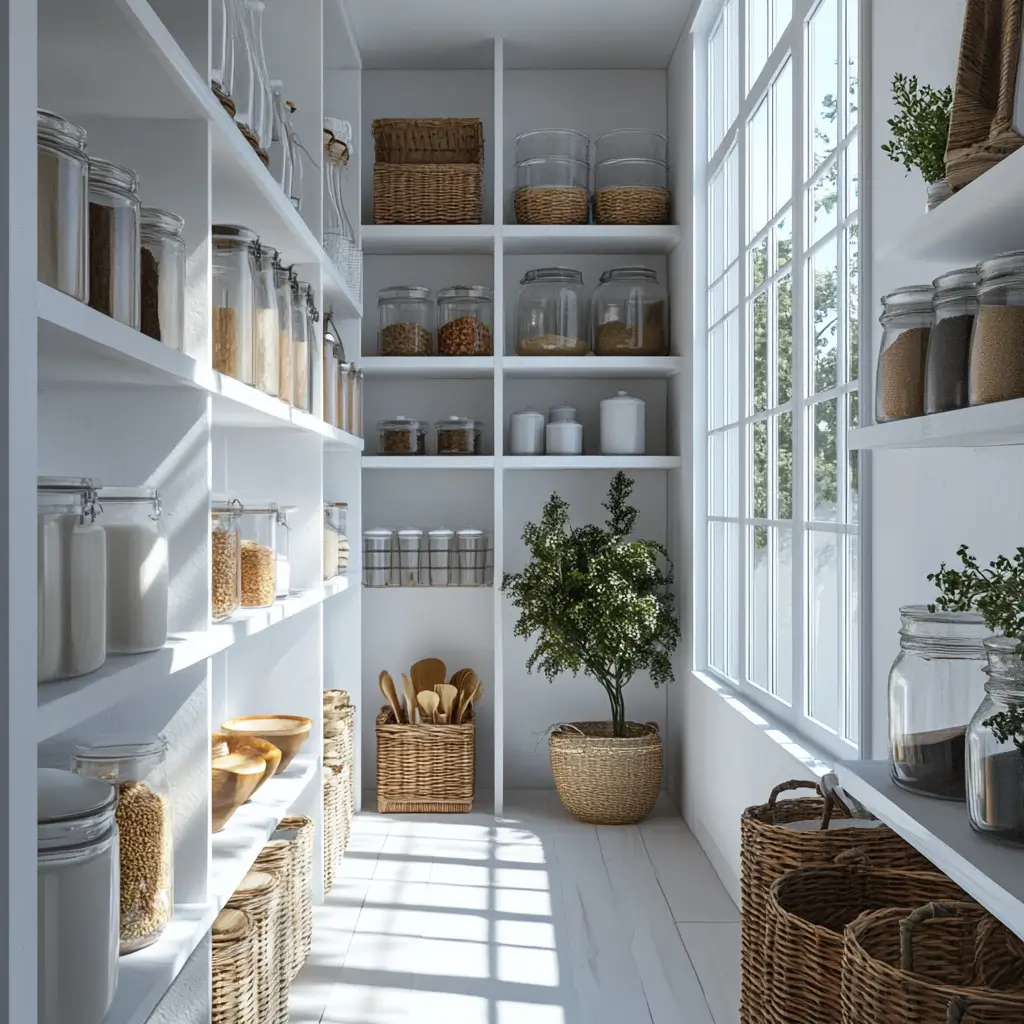 Psa1-Bright-Custom-Pantry-With-Open-Shelving-And-Woven-Basket-Storage Psa1-Bright-Custom-Pantry-With-Open-Shelving-And-Woven-Basket-Storage
