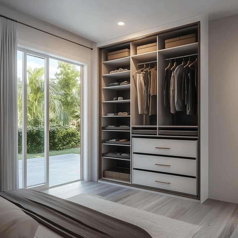 Ri9-Custom-Reach-In-Closet-With-Sliding-Doors-White-Drawers-And-Shelving