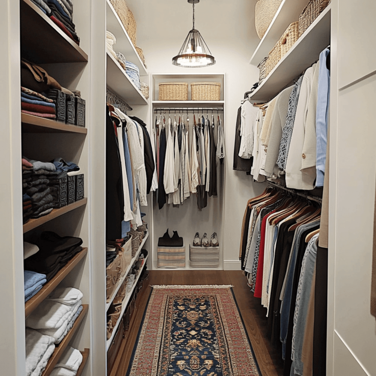 Small Walk-In Closet With Custom Shelving, Integrated Hanging Rods, And Upper Storage Baskets.