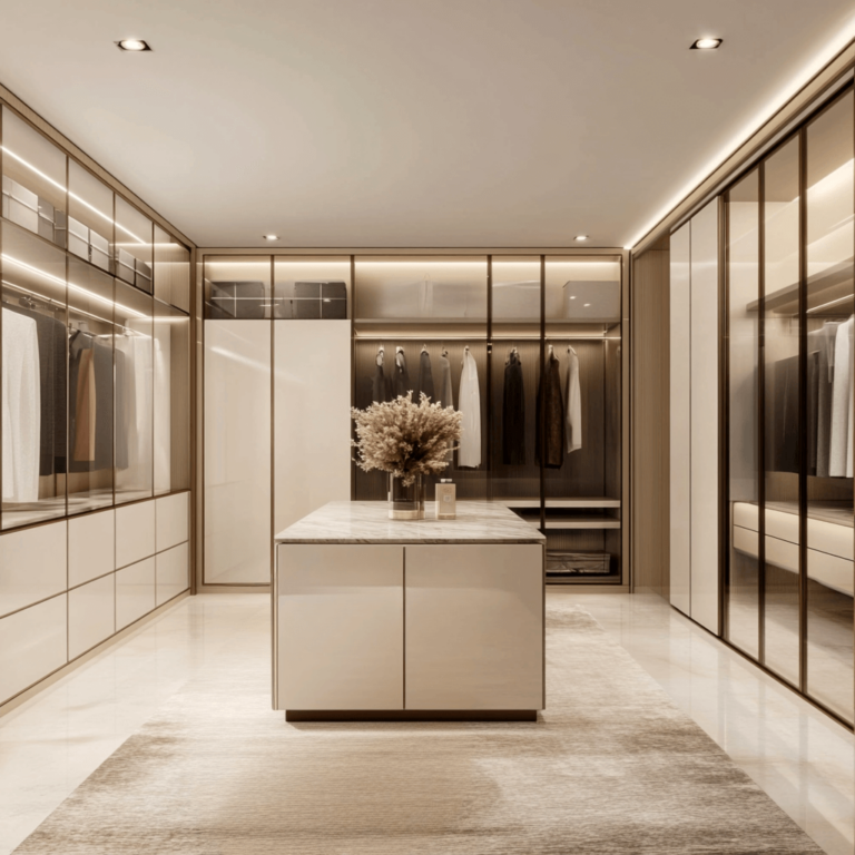 Luxury Walk-In Closet Featuring A Central Island, Glass Doors, Integrated Lighting, And A Sleek Modern Design.