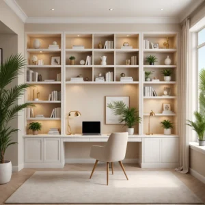 Chic Home Office with Built-In Shelving & Gold Accents
