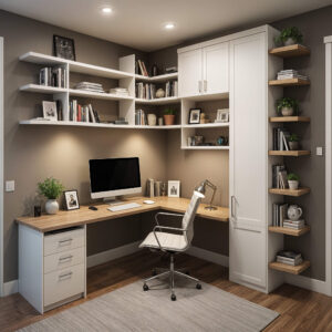 compact home office corner desk with floating shelves