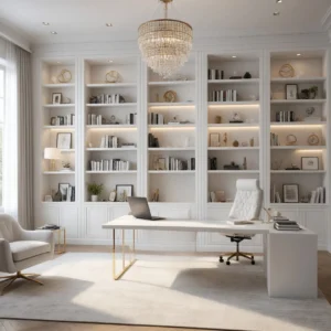 Luxurious Home Office for her with Built-In Shelving & Crystal Chandelier