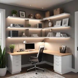 small corner home office with an L shaped desk