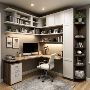small home office corner desk and storage cabinets