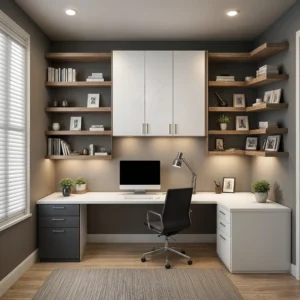 small modern home office with floating shelves