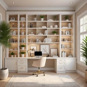 white home office for her with wall unit and side storage