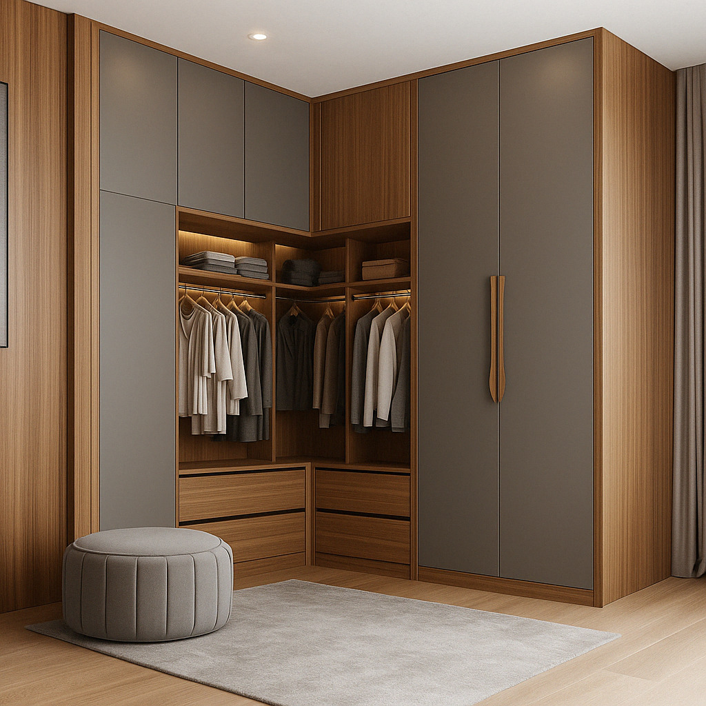 High-end corner bedroom wardrobe with integrated lighting, matte gray doors, and custom wooden drawers – luxury closet design with shoe storage by JL Closets in South Florida.