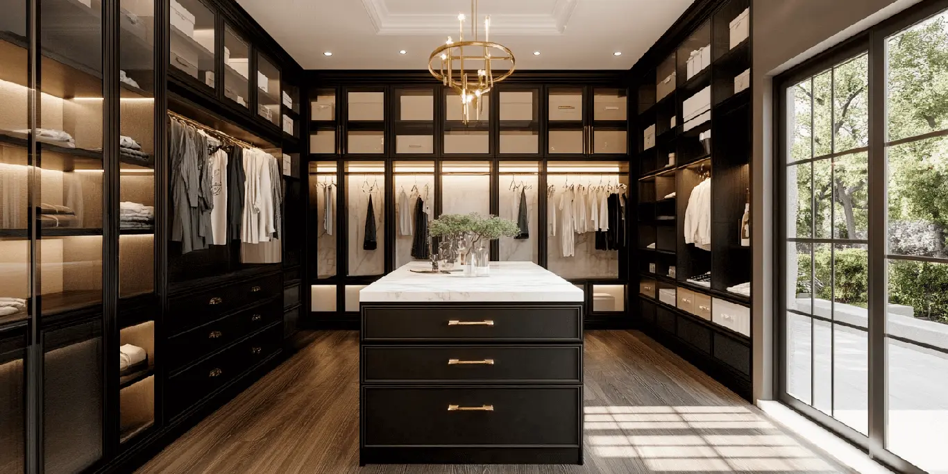 Explore Our Custom Walk-In Closets, Designed With Elegant Black Cabinetry, Glass-Front Storage, And A Functional Center Island. Perfect For Maximizing Space With A Modern, Luxurious Touch.