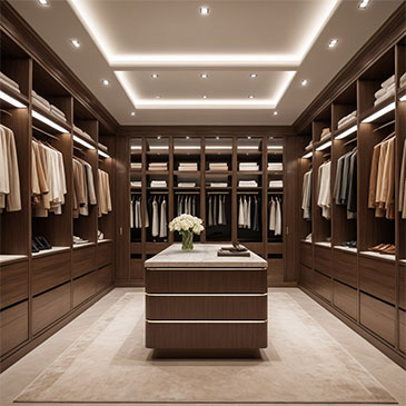 Luxurious custom walk-in closet with a central island, offering ample storage and an elegant design for clothing and accessories.