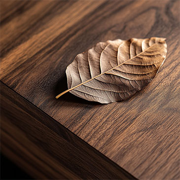 Close-Up Of A Custom Shoe Closet Cabinet Finish Featuring A Detailed Wooden Texture With A Dry Leaf Resting On Top.