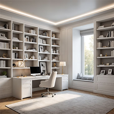Custom Home Office With Built-In Shelving And Desk Space, Designed For Optimal Productivity And Style.