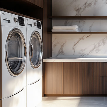 Custom Shelving In A Modern Laundry Room, Providing Organized Storage Space For Laundry Essentials.