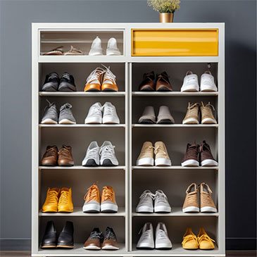 Modern Jl Closets Shoe Rack In White With Open Shelves And A Yellow Drawer, Neatly Organized With Sneakers And Dress Shoes.