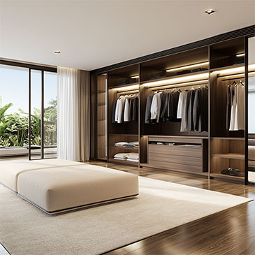 Modern luxury reach-in closet Florida with built-in shelving, LED lighting, and high-end wood finishes. Designed for efficient storage and elegant organization.