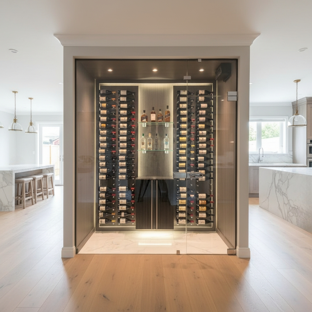 Luxury wine cellar with custom wood wine racks and innovative storage solutions for a diverse wine collection.