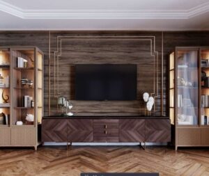 E7-rustic-wall-unit-with-class-cabinets-and-golden-frames